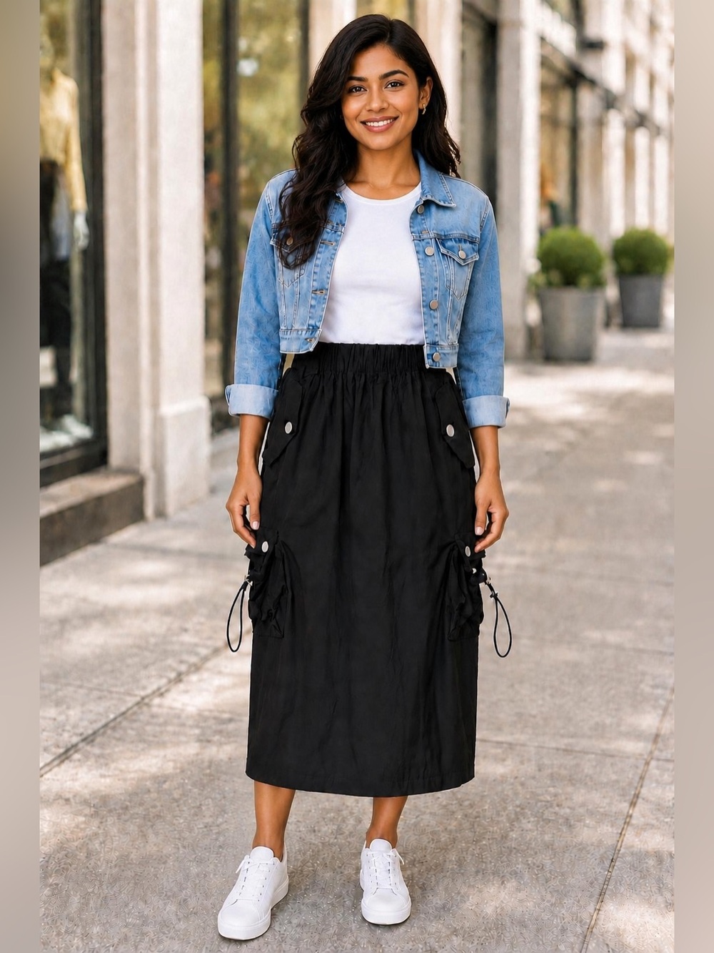 #57: Black Cargo-Style Drawstring Midi Skirt